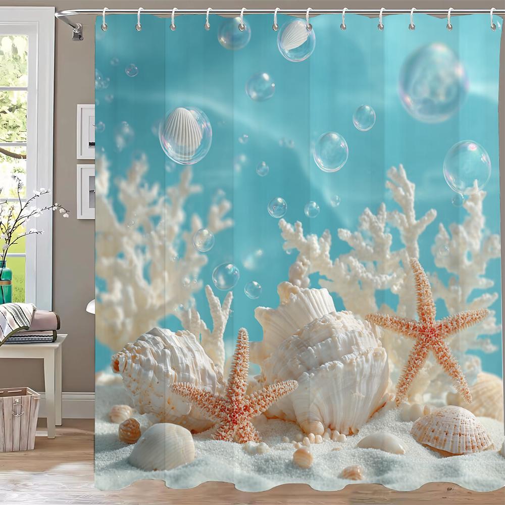 

Sunshine Ocean Starfish Shell Printing Shower Curtain, Bathroom Decorative Shower Curtain, Waterproof Shower Curtain With Hooks W60H190(CM)-1 Pcs