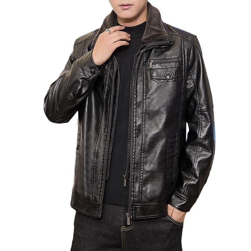 New autumn and winter lapel neck soft leather fleece thickened leather jacket casual men's double neck leather jacket lamb fleece jacket men's