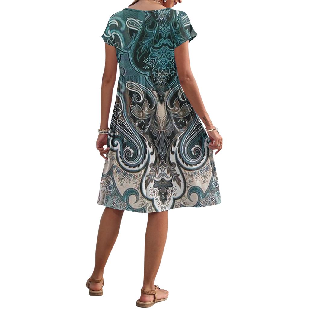 Women's Summer Fashion Casual Round Neck Short Sleeve Vintage Print Dress