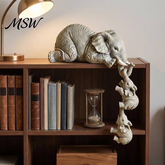 Healing Animal Sculpture for Mantelpiece Elephant Shelf Sitter, Mother Hanging 2 Baby Elephants on The Handcrafted Sculptures Living Room Edge,