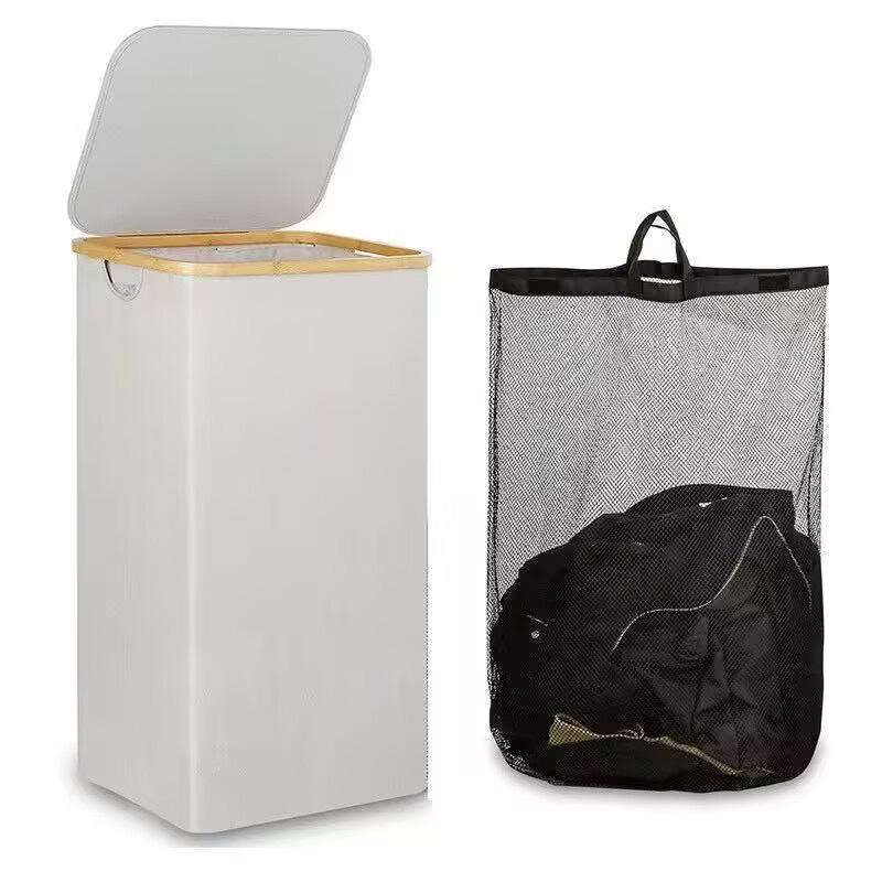 Foldable Bamboo Laundry Basket with Lid and Inner Bag for Bathroom/Bedroom