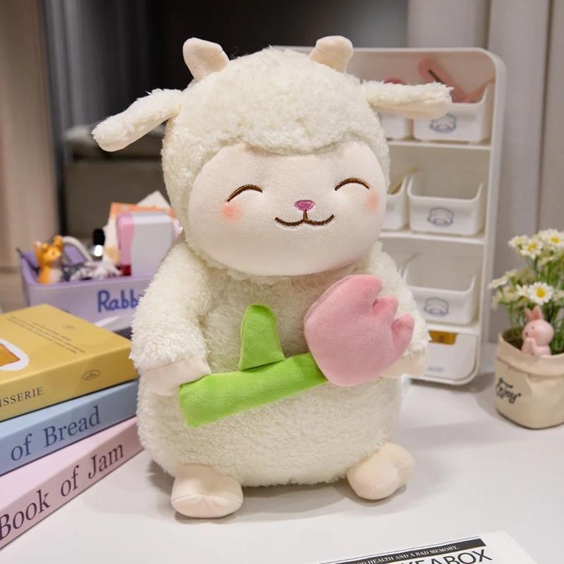 Süßes Weißes Schaf Lamm Hält Tulpenblume Weiches Stofftier Kuschelpuppe Plüschtier Kind Mädchen Geburtstag Weihnachtsgeschenk