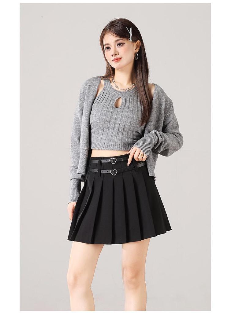 2025 Versatile College Style High Waist Pleated Skirt with Double Belt - Slimming & Anti-Exposure