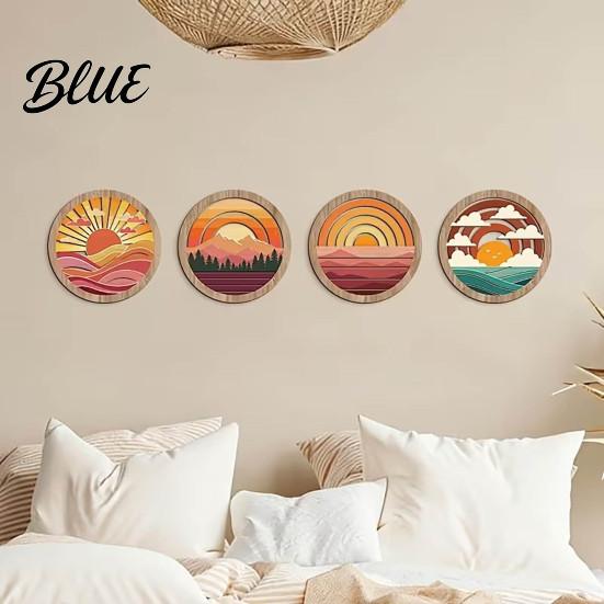Four Piece Mountain Wall Decor 4Pcs Boho Sunset Art Abstract Landscape Round Hanging Ornaments Decorative Wooden Rounds for Living Room Bedroom