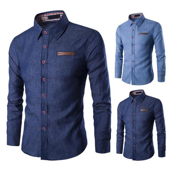 Men Shirt Solid Color Single-breasted Spring Autumn Plaid Patchwork Slim-fitting Jeans Shirt for Office