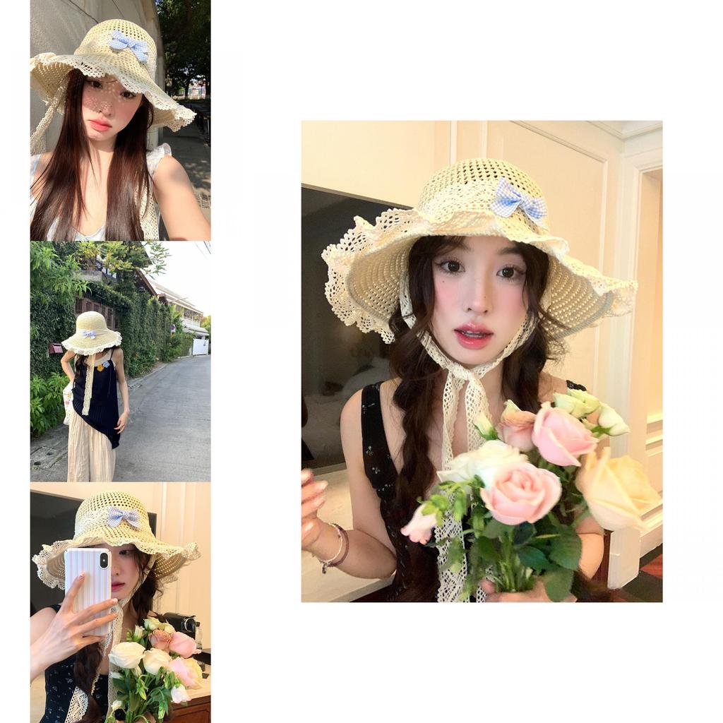 Trendy Japanese Country Style Beige Straw Fisherman Hat With Lace And Bow Detail