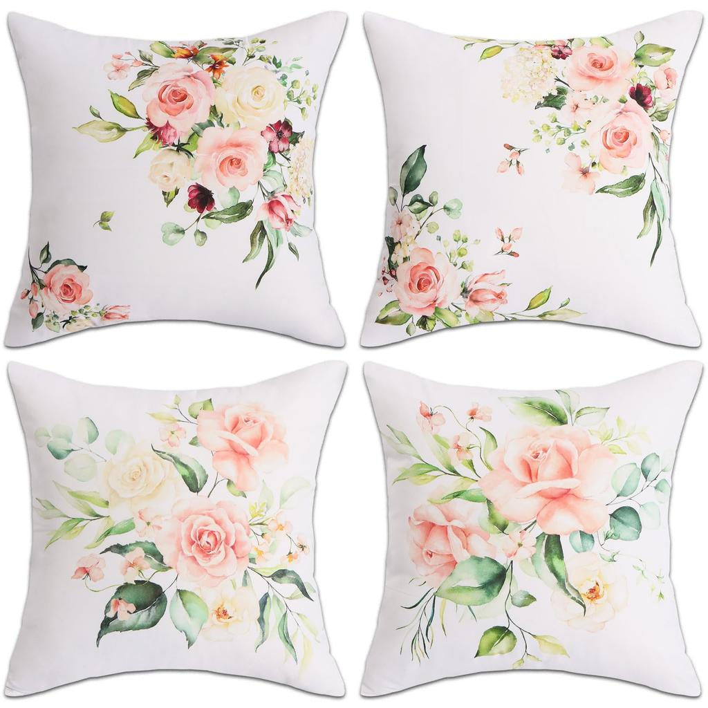 4 Pcs Double Sided Pink Rose Cushion Covers, Romantic Watercolor Floral Spring Throw Pillow Cases (No Inserts)