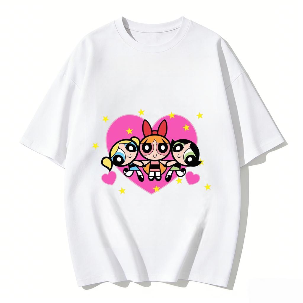 2026 Sommer Niedliche Powerpuff Girls Familien-Matching T-Shirts Cartoon-Druck Baumwoll-T-Shirts Lässige Kurzarm-Oberteile für Kinder und Erwachsene