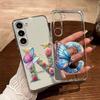 For Samsung Galaxy A54 A14 A34 A24 Blue Butterfly Flower Letters A-Z Couple Phone Case Transparent Clear Silicone Bumper Cover
