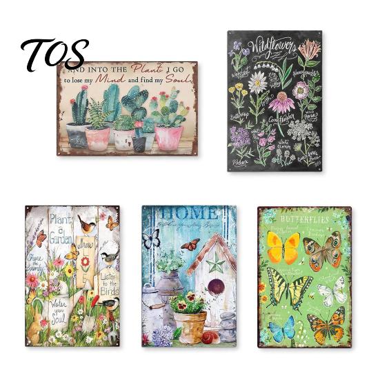 Wooden Patio Hanging Art Retro Gardening Sign for Wall Decor, 12 x 8 Inch Vintage Garden Decor Plant Pattern Plaque with Pre-drilled Holes Indoor
