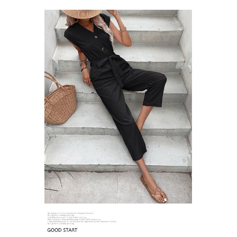 2026 Summer Sleeveless V-Neck Nine-Point Waist-Cinching Women's Casual Versatile Jumpsuit