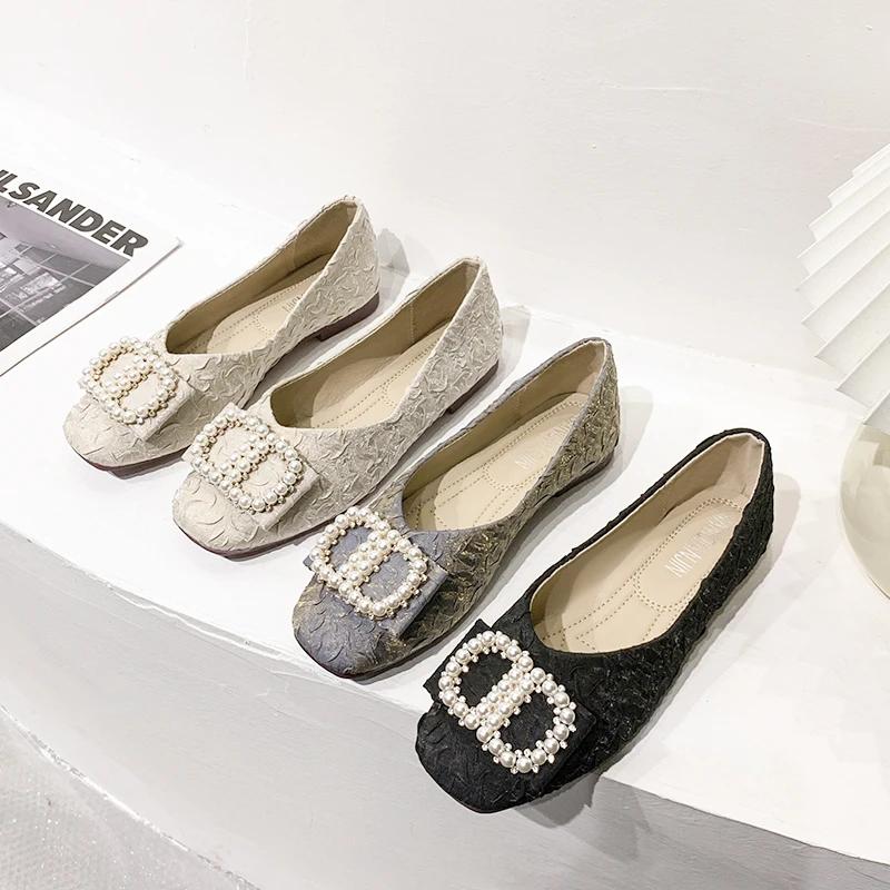 Fashion 2024 New Spring and Autumn Square Head Shallow Women's Shoes Low Heel Fashion Soft Sole Women's Shoes Flat Pearl Single Shoes