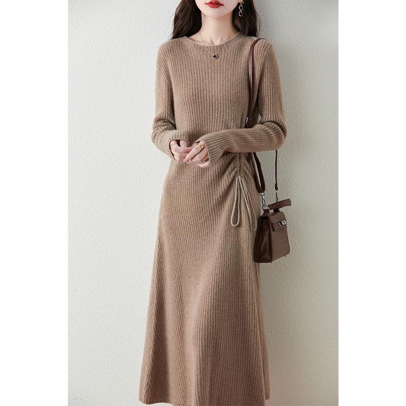 Women's Cashmere Knit A-Line Dress - Mid-Length, Round Neck, Over-the-Knee, 100% Pure, Casual and Versatile