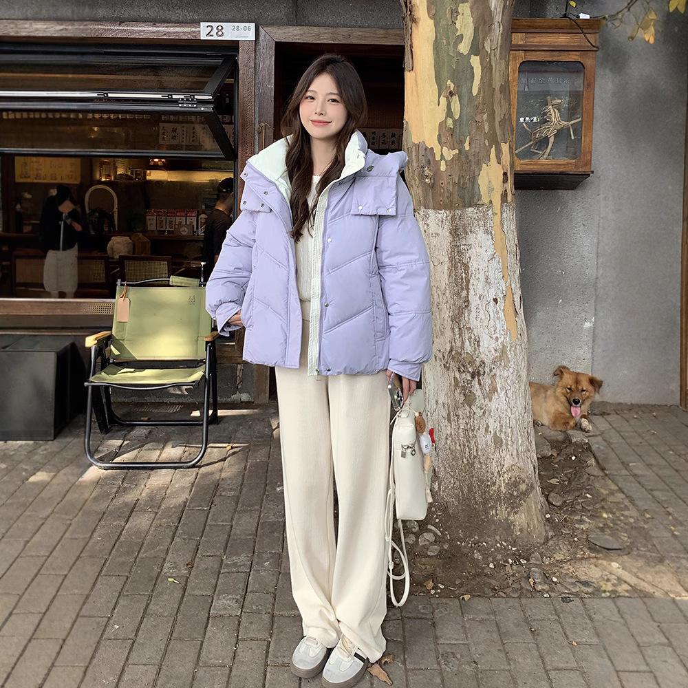 Women's Long Sleeve Hooded Jacket Hood Collar Sweet Style Loose Fit Puffer Coat Winter Warm Cotton Padded Outerwear