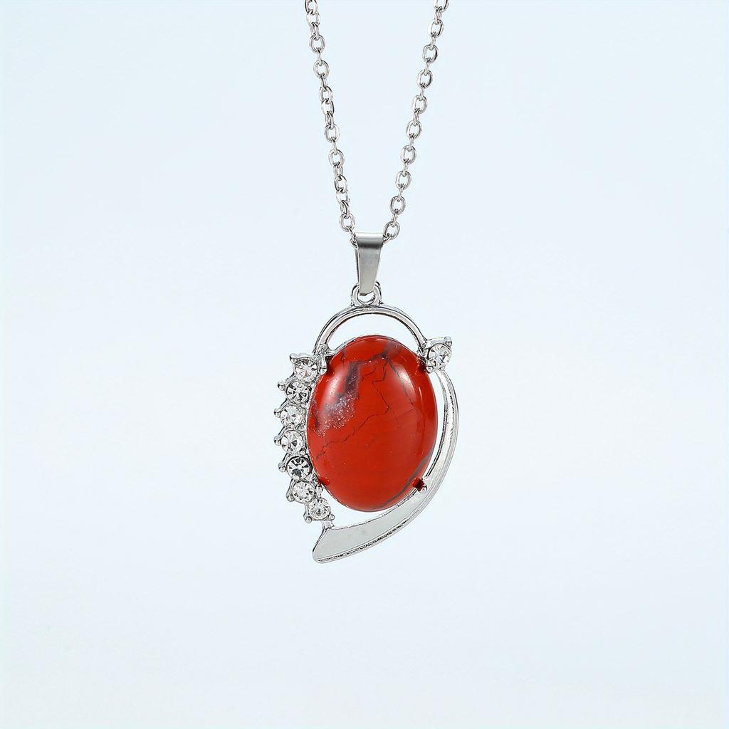 Natural Crystal Stone Pendants Necklaces Oval Bead Healing Pink Quartz Jewelry for Women Oval Shape Charms Metal Alloy Pendant
