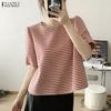 ZANZEA Women Casual Round Neck Grid Print Summer Short Sleeve Blouse