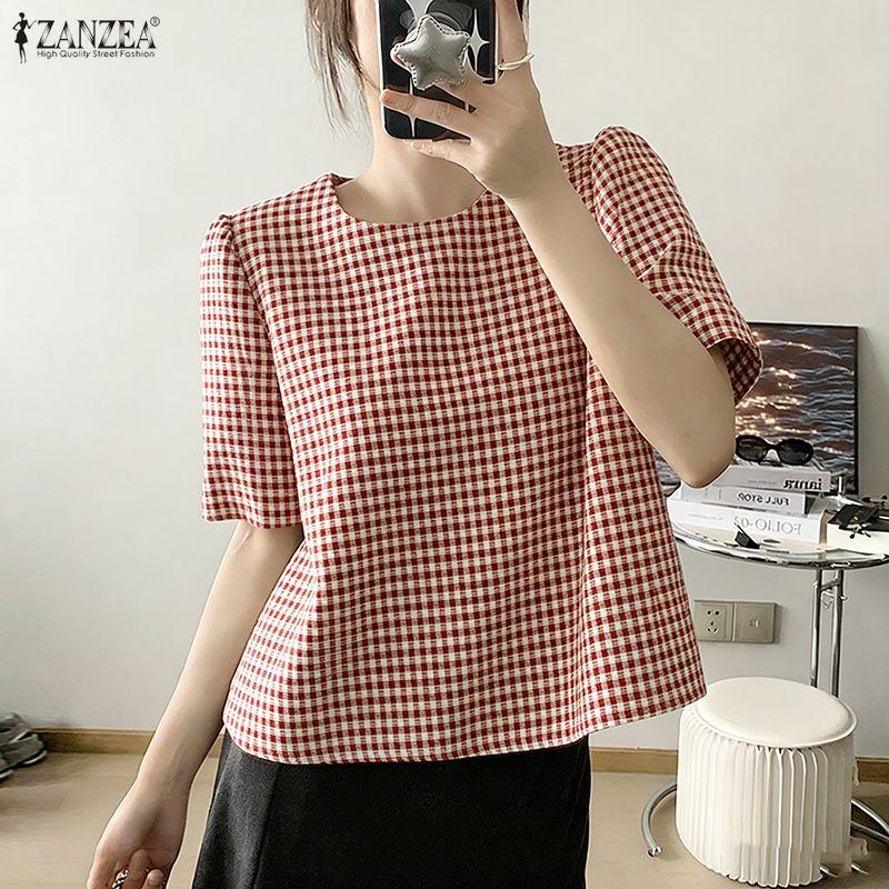 ZANZEA Women Casual Round Neck Grid Print Summer Short Sleeve Blouse