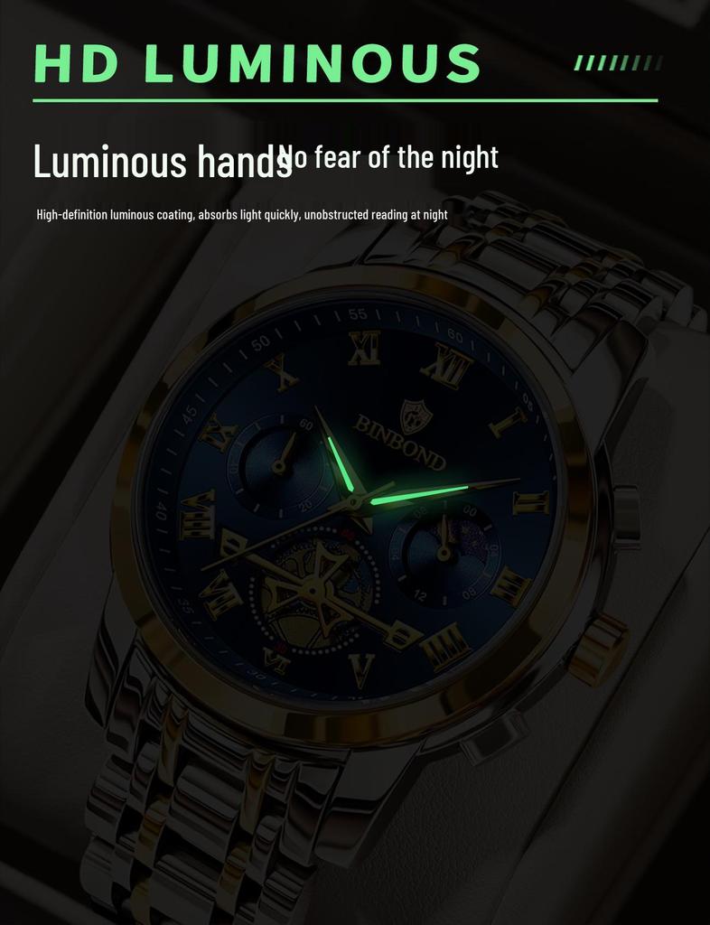 Binbang Luminous Skeleton Waterproof Quartz Men's Watch