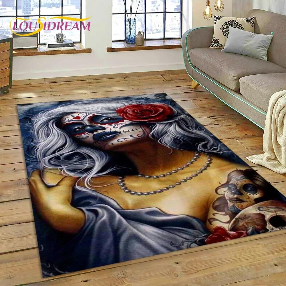 Skull Dead Girl Gothic Horror Female Rose Carpet Rug for Bedroom Living Room Home Sofa Decoration,Kid Game Large Decor Floor Mat
