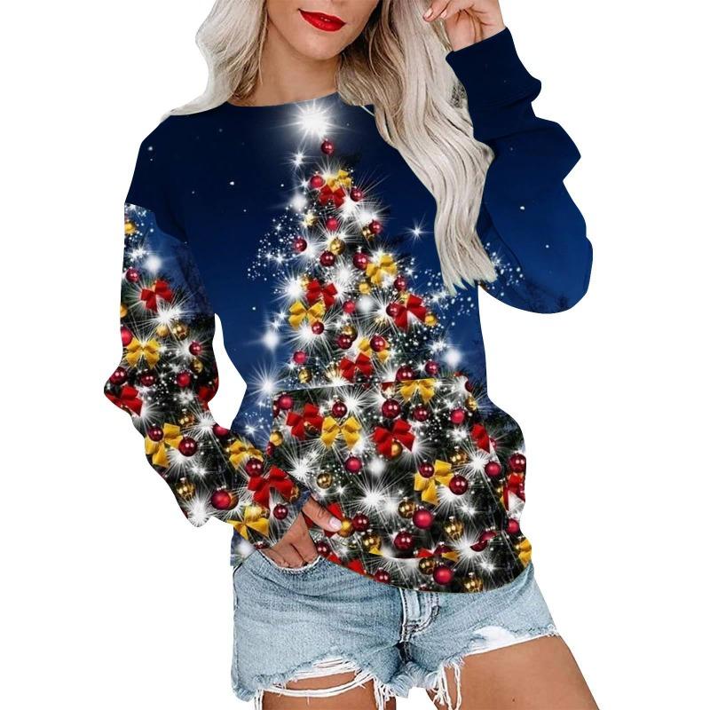 Autumn Winter Fashion Christmas Series Christmas Tree Elk Printed Pocket Round Neck Hoodie