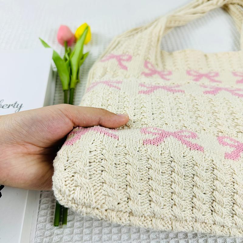 Yogodlns Women's Bow Shoulder Bag Aesthetics Crochet Handbag Purses Knitted Shopping Bag Summer Beach Bag Ladies Woven Tote Bags
