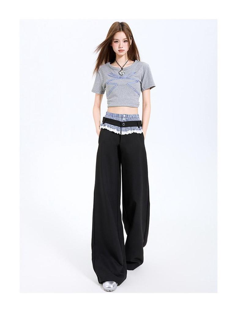 Plaid Patchwork Lace Double Waistband Wide-Leg Pants for Women - New 2025 Spring/Autumn Casual Long Pants