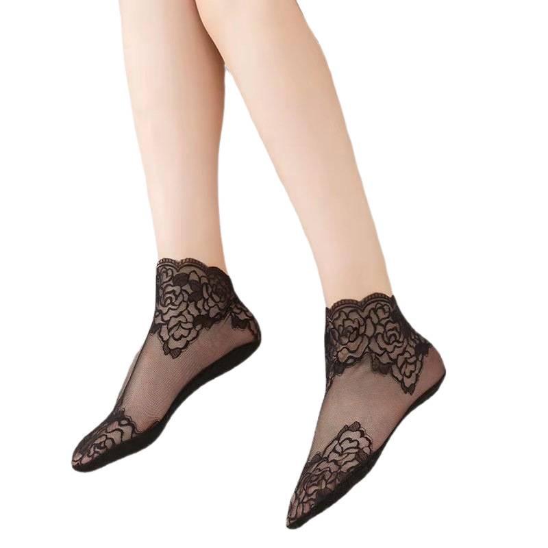 Women's Rose Lace Silk Low-Cut Socks - Spring/Summer Trendy Invisible Boat Style