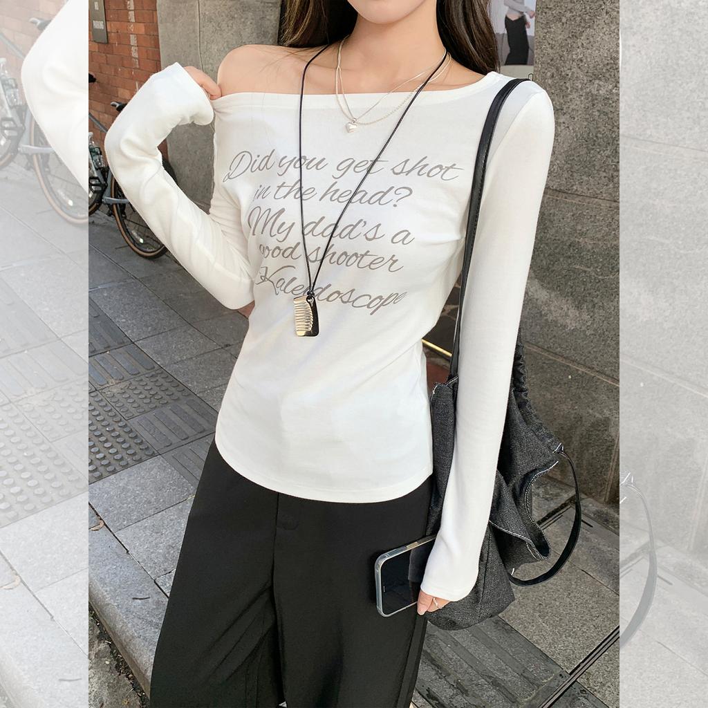 White One-letter Collar Slanted Shoulder Letter Printing Long-sleeved T-shirt Autumn New Bottoming Shirt with Ambient  Women