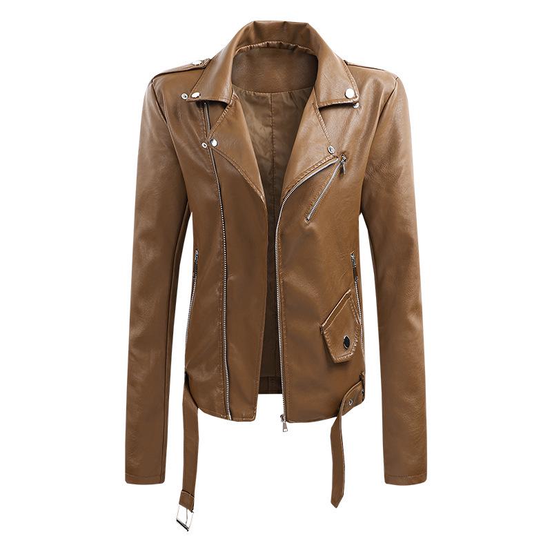 European Spring Women's Short Leather Motorcycle Jacket with Lapel Collar