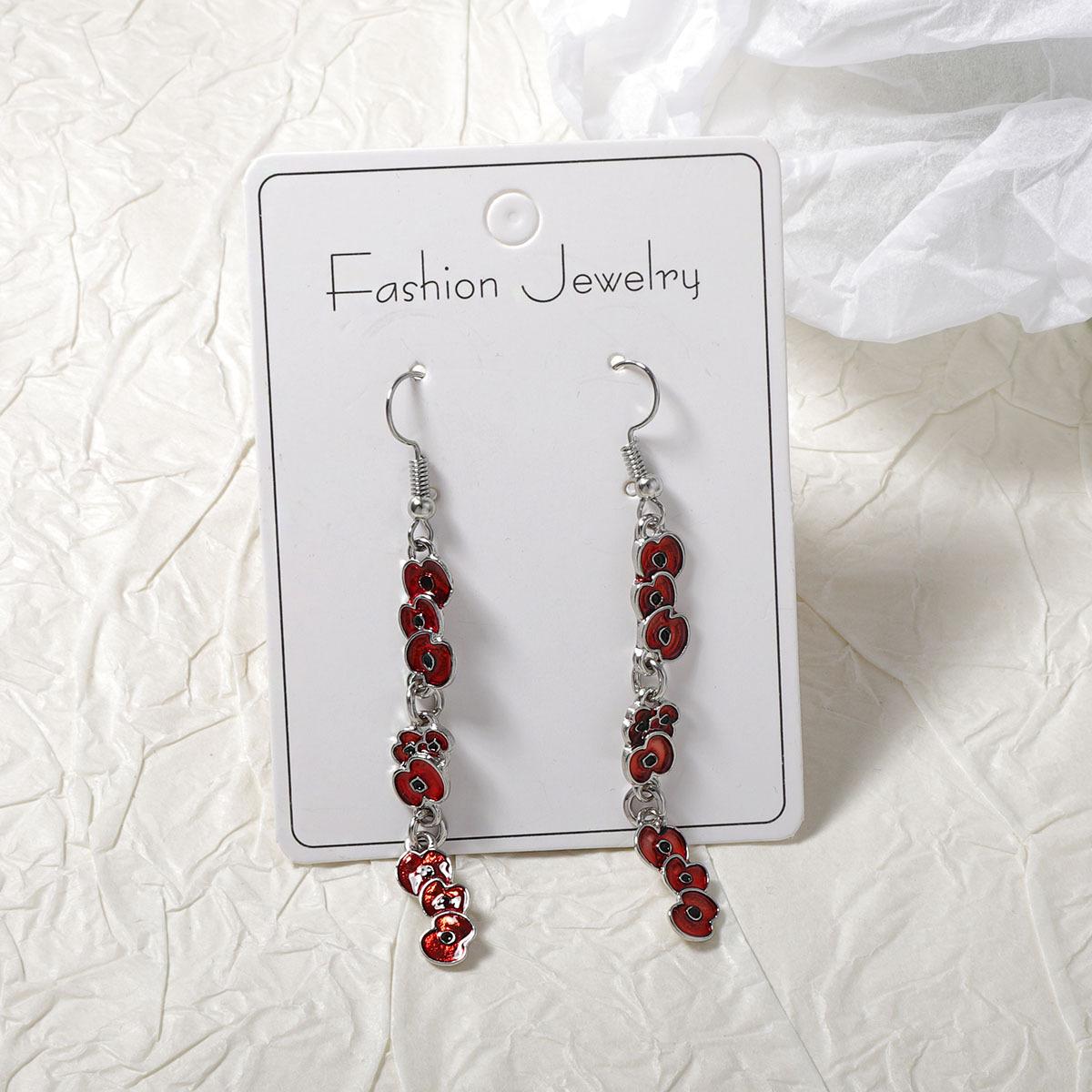 

British World War I souvenir poppy red oil-dripping alloy long earrings, creative and versatile, sweet and cool style for girls