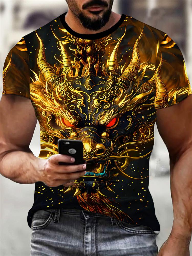 2026 New Men's 3D Dragon Print T-shirt Casual Short-sleeved Pullover Polyester Round-neck Summer Outdoor Clothing Adult Size