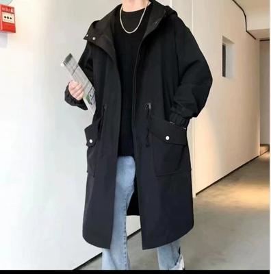 Men's Zippered Long-sleeve Coat Streetwear Trench Coat with Hood Mid-length Big Pockets Windproof Anti-wrinkle Zipper