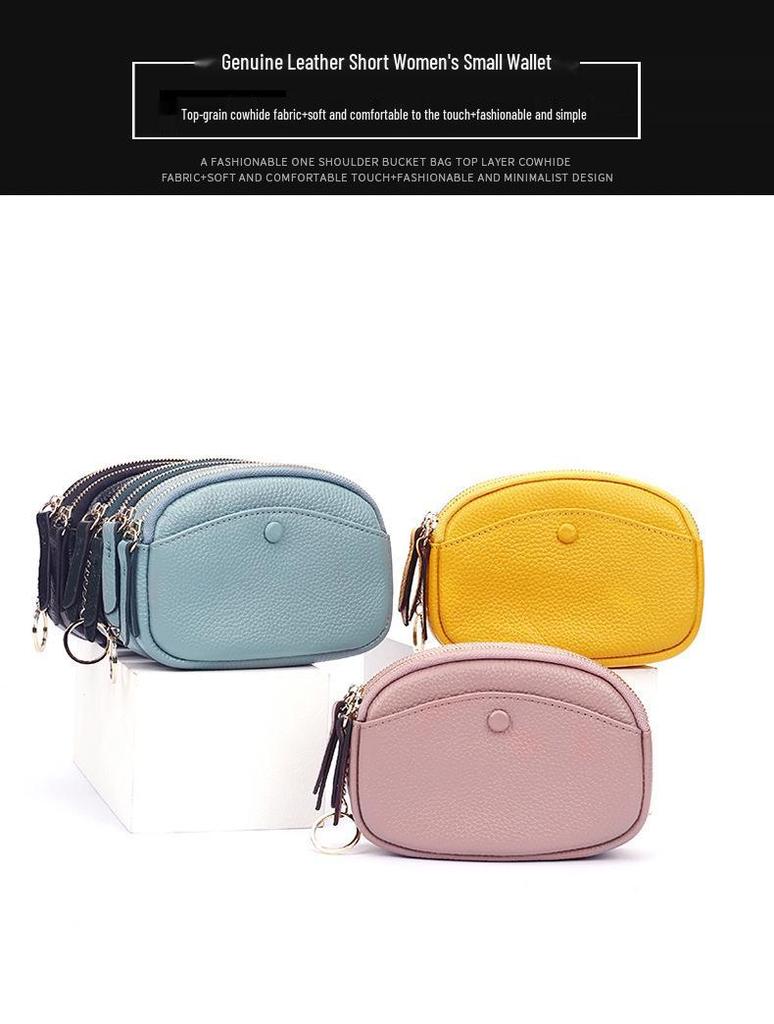 Women's Double Zipper Top Grain Cowhide Wallet: Fashionable Large Capacity Coin Purse with Hook.