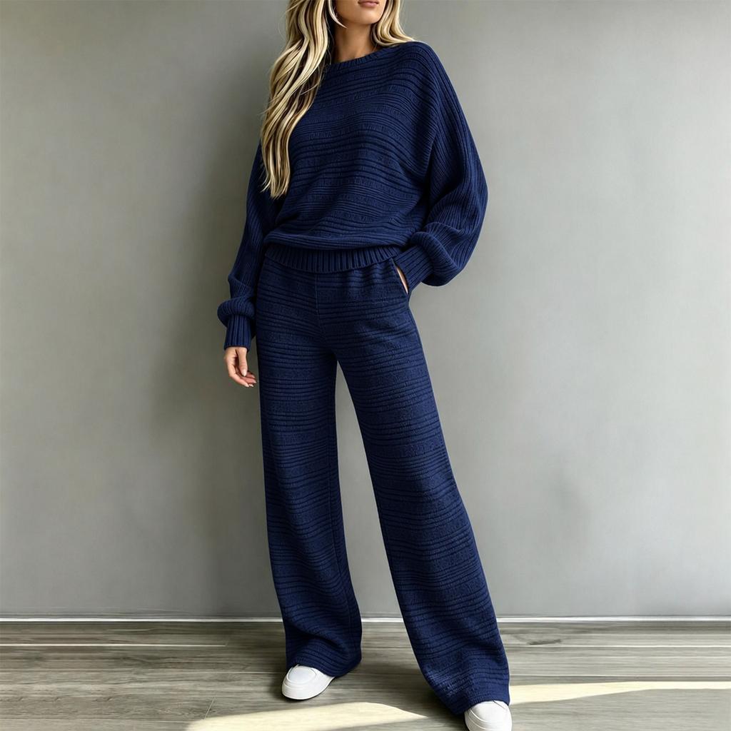 Women's Ribbed Knit Two-Piece Set Long Sleeve Top and Wide Leg Pants Casual Outfit