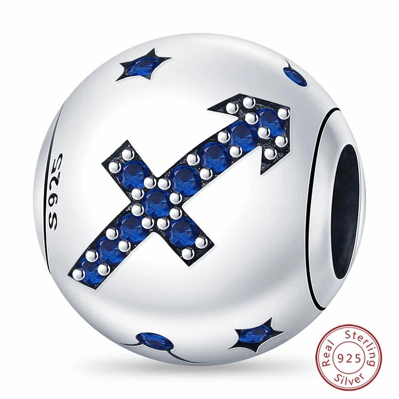 Copper Metal Blue Zircon 12 Constellation Charm Bead Components Bead Component Compatible With Authentic Original Bracelets High Quality Fine Do It