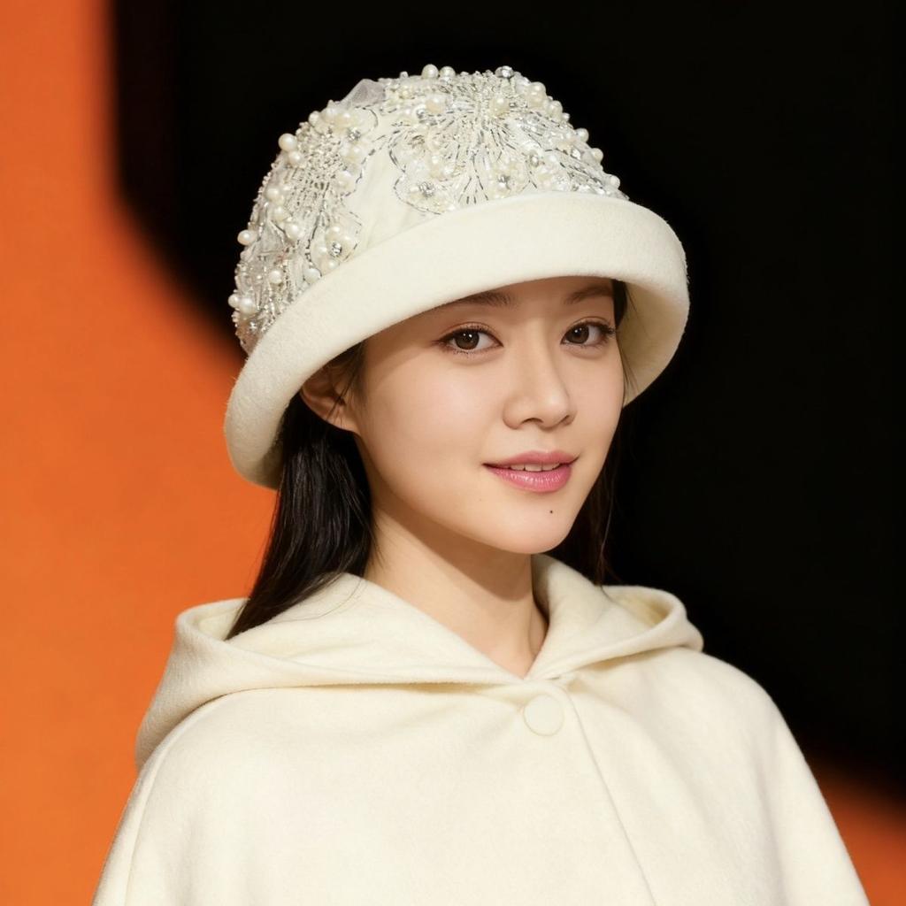 New Arrival Wool Curled Heavy Industry Embroider Pearl Hat Fisherman Hat Round Face Square Face Fall and Winter High-end Heattech Hat