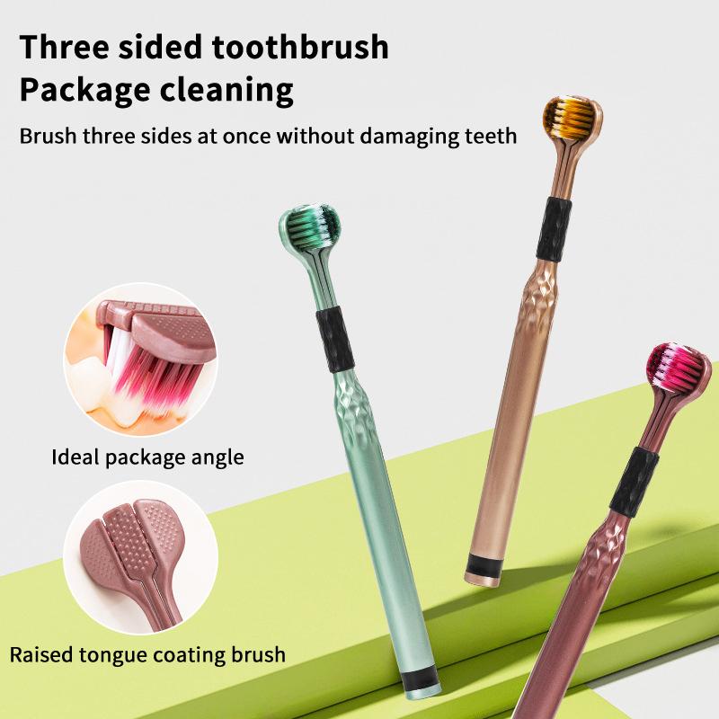 Soft Bristle 3D Triple Head Toothbrush For Adults With Tongue Scraper Home Care Manual Brush