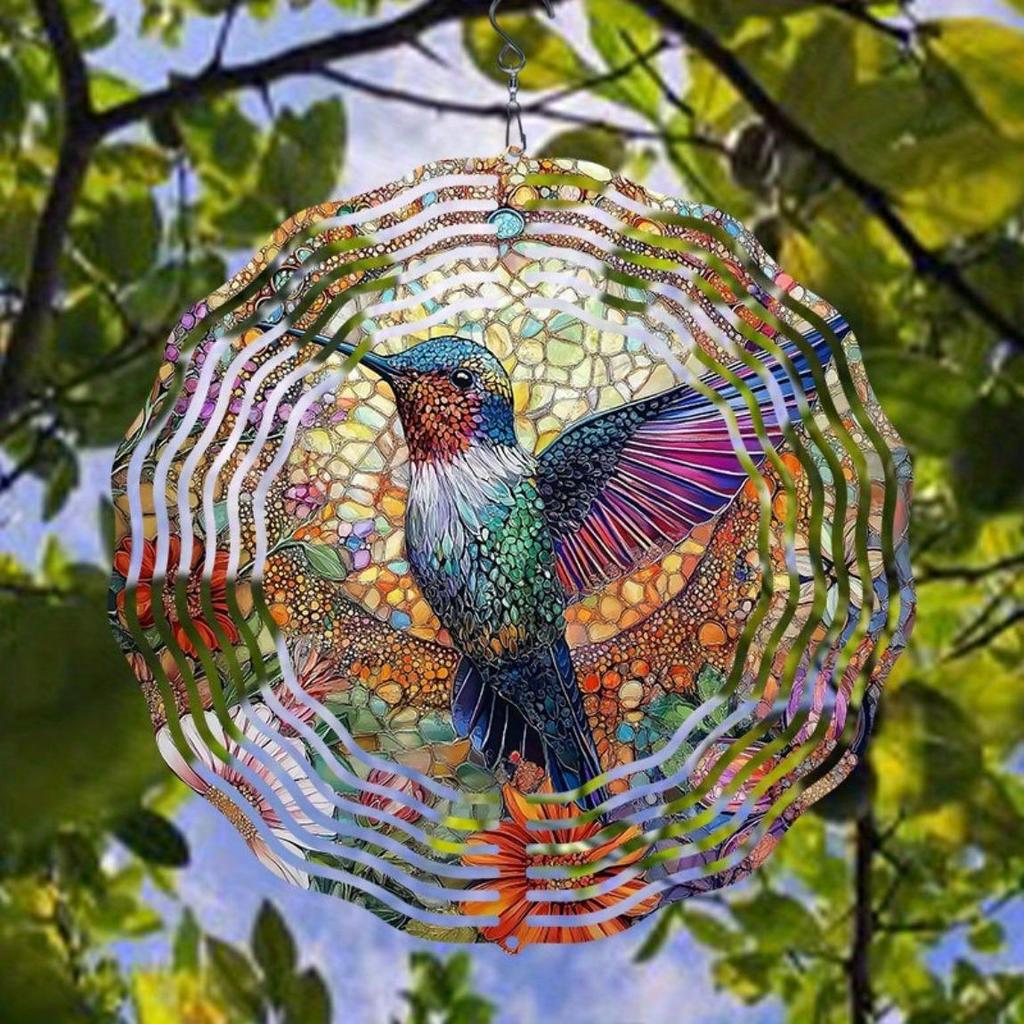 Håndlaget Kolibri Glass Vindspinner – Levende Hage- og Hjemmedekor, Kinetisk Vindklokke med Blomstermotiver