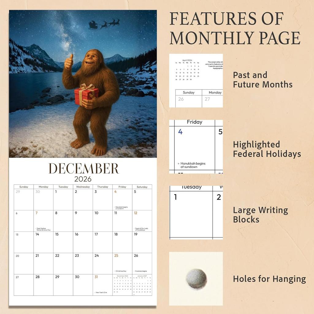 Bigfoot Calendar 2026 Monthly Wall Calender 12 Month, Funny Cryptid Calendar 2026, Bigfoot Gifts, White Elephant or Gag Gift, Sasquatch Gifts for Men