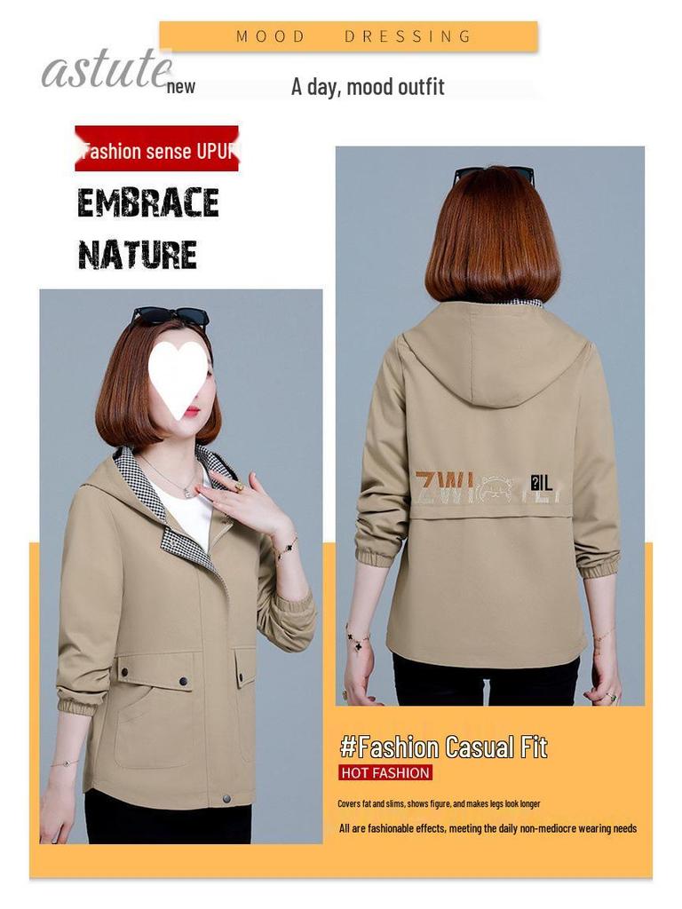 Women's Spring-Autumn Plus Size Hooded Windbreaker - Casual, Stylish, and Age-Reducing for Middle-Aged Women