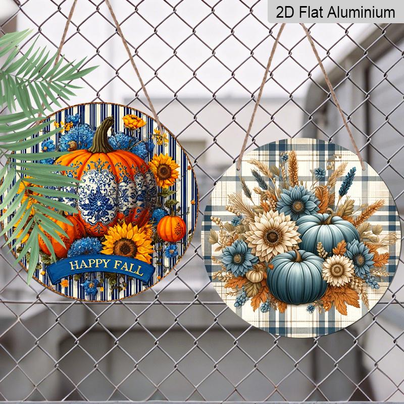 1Pc/2Pcs 2D Flat Aluminium Round Sign, Happy Fall Blue White Porcelain Pumpkin Sunflower Floral Metal Wall Art, Elegant Autumn Harvest Thanksgiving