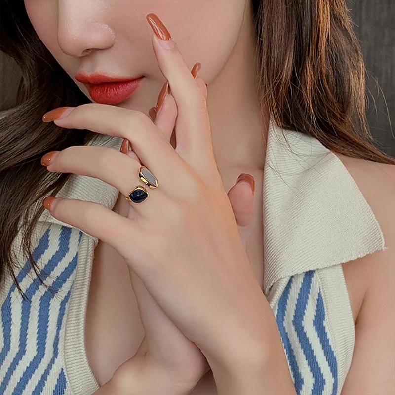 Vintage Fashion Morandi Two-Color Enamel Stitched Open Rings Elegant Jewelry Party Girl's Luxury Accessories for Women