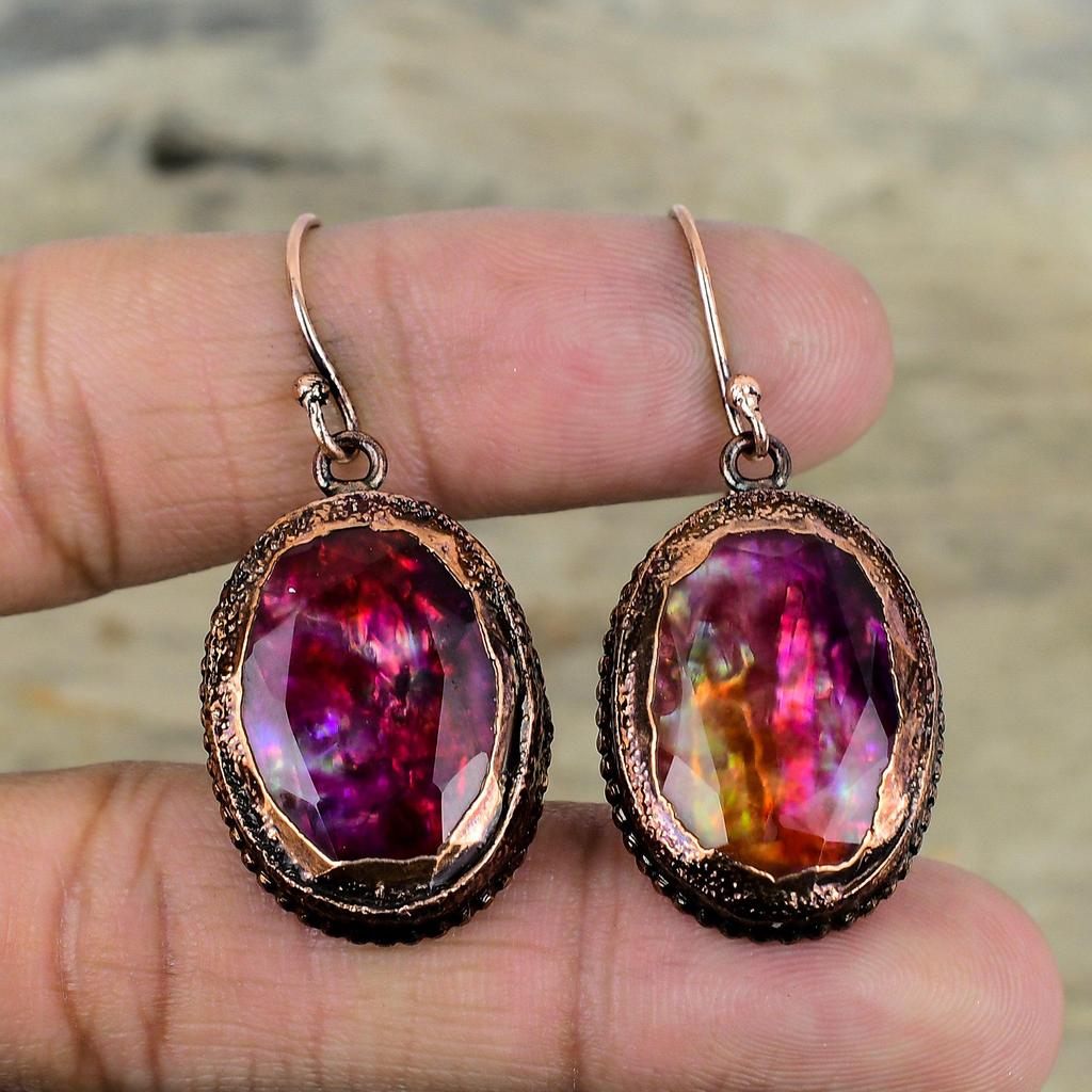 Faceted Ammolite Earring Electroformed Copper Earrings Gemstone Jewelry Dainty Earrings Handmade Earring Electroformed Jewelry Gifts For Her