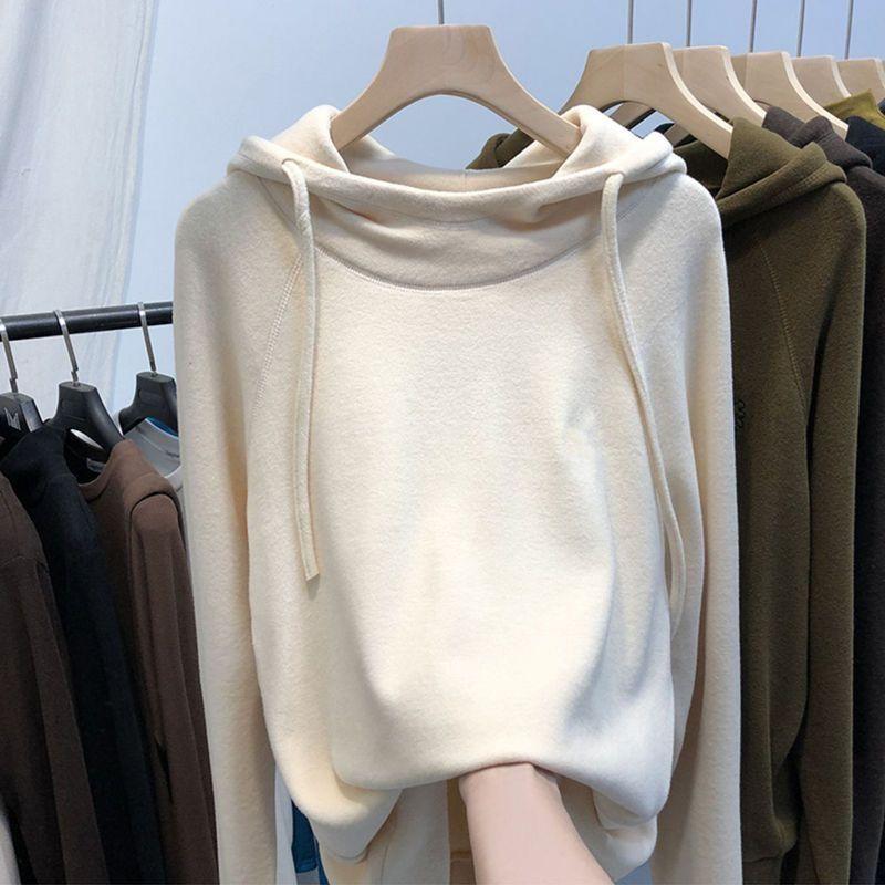 Padded Hoodie Female Warm Thick Large Size Loose Autumn Winter Solid Color Sweater Casual Tops