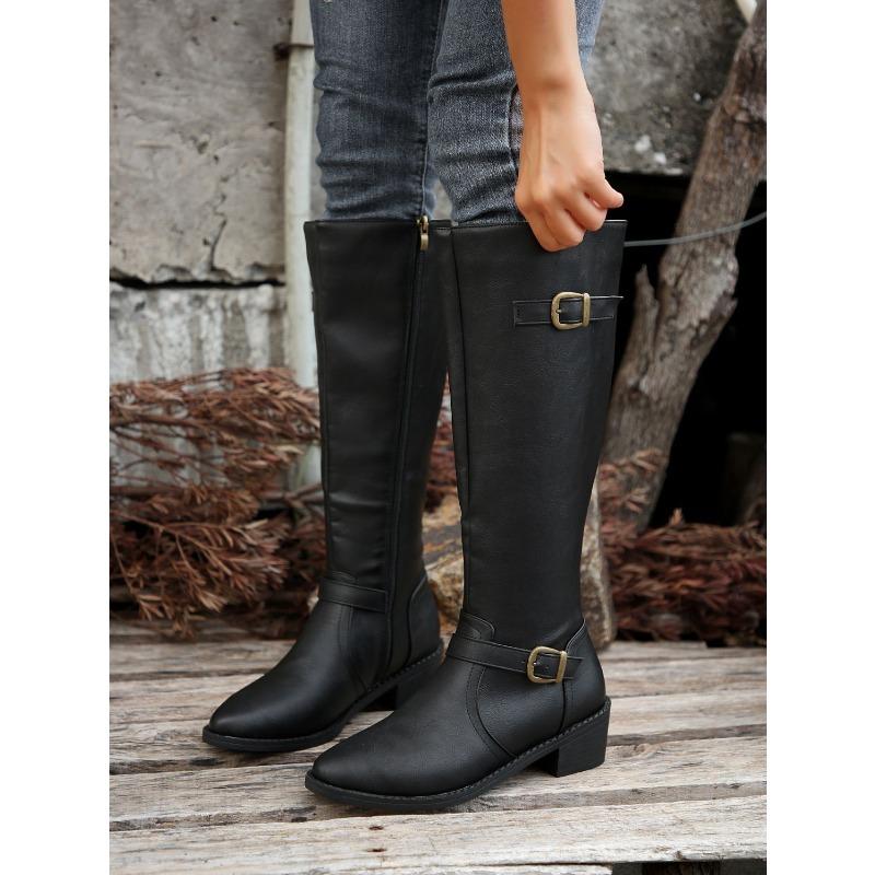 Pointed Buckle Knight Boots Winter 2025 New Plus Size Vintage Block Heel Boots