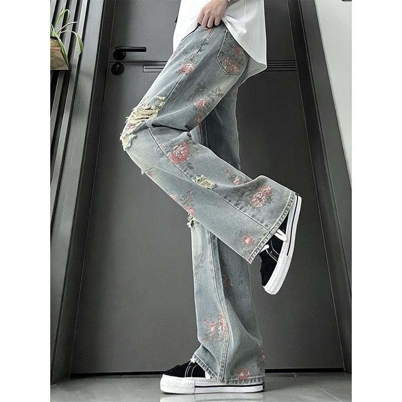 American Floral Ripped Jeans Men's Summer Design Sense Fried Street Ruffian Handsome Pants High Street Loose Straight Beggar Pants