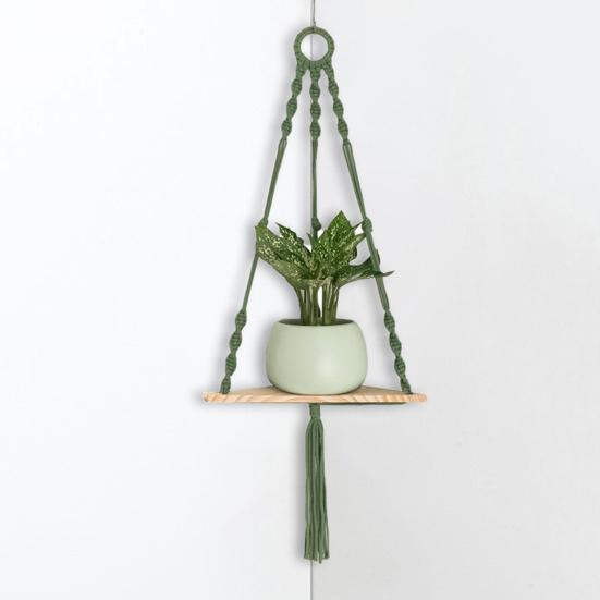 Wall Hanging Corner Shelf Bohemia Handmade Cotton Rope 1/2 Tier Triangle Storage Shelf Farmhouse Rustic Wood Potted Plants Planter Craft Display Rack