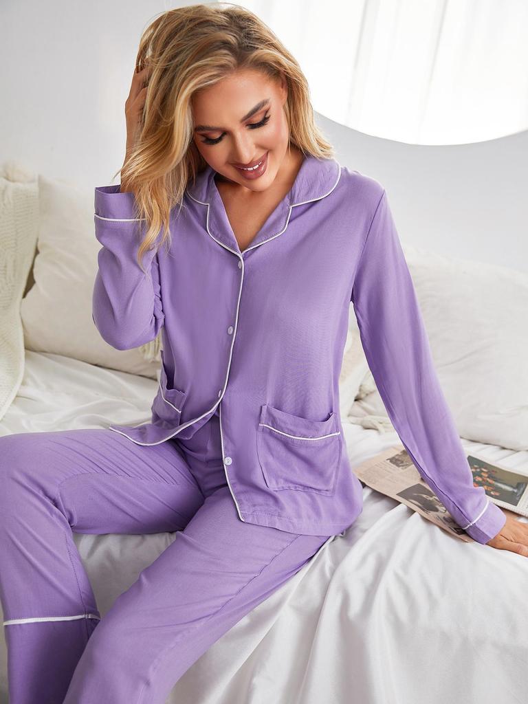 European and American pajamas women's autumn and winter cardigan long-sleeved loungewear two-piece set ebay
