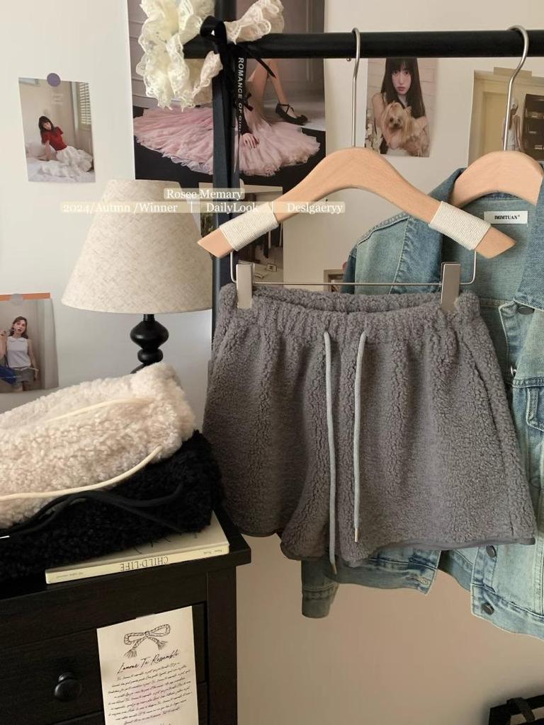 Women's 2024 Lambswool High Waist Drawstring Warm Shorts - Autumn/Winter Casual Loose Fit Hot Pants Outerwear