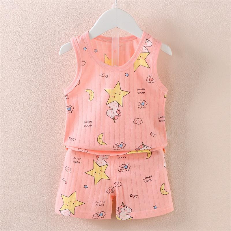 Summer Kids Baby Pajamas Vest+Shorts 2-Piece Clothing Set Boys Girls Cartoon Lion Giraffe Cotton Casual Clothes Suit 0-4 Years